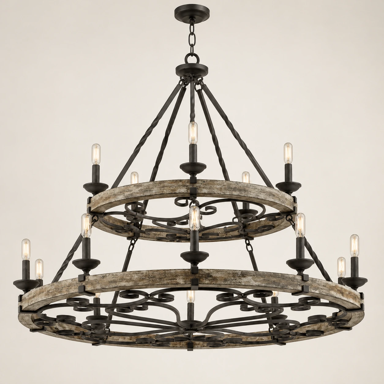 Clara Rustic Wagon-Wheel Wood and Iron Chandelier, identity 15