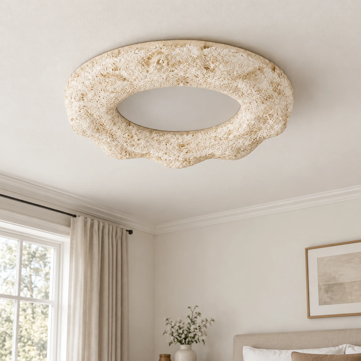 Clara sand white sculpted resin flush mount ceiling light installed with the light off