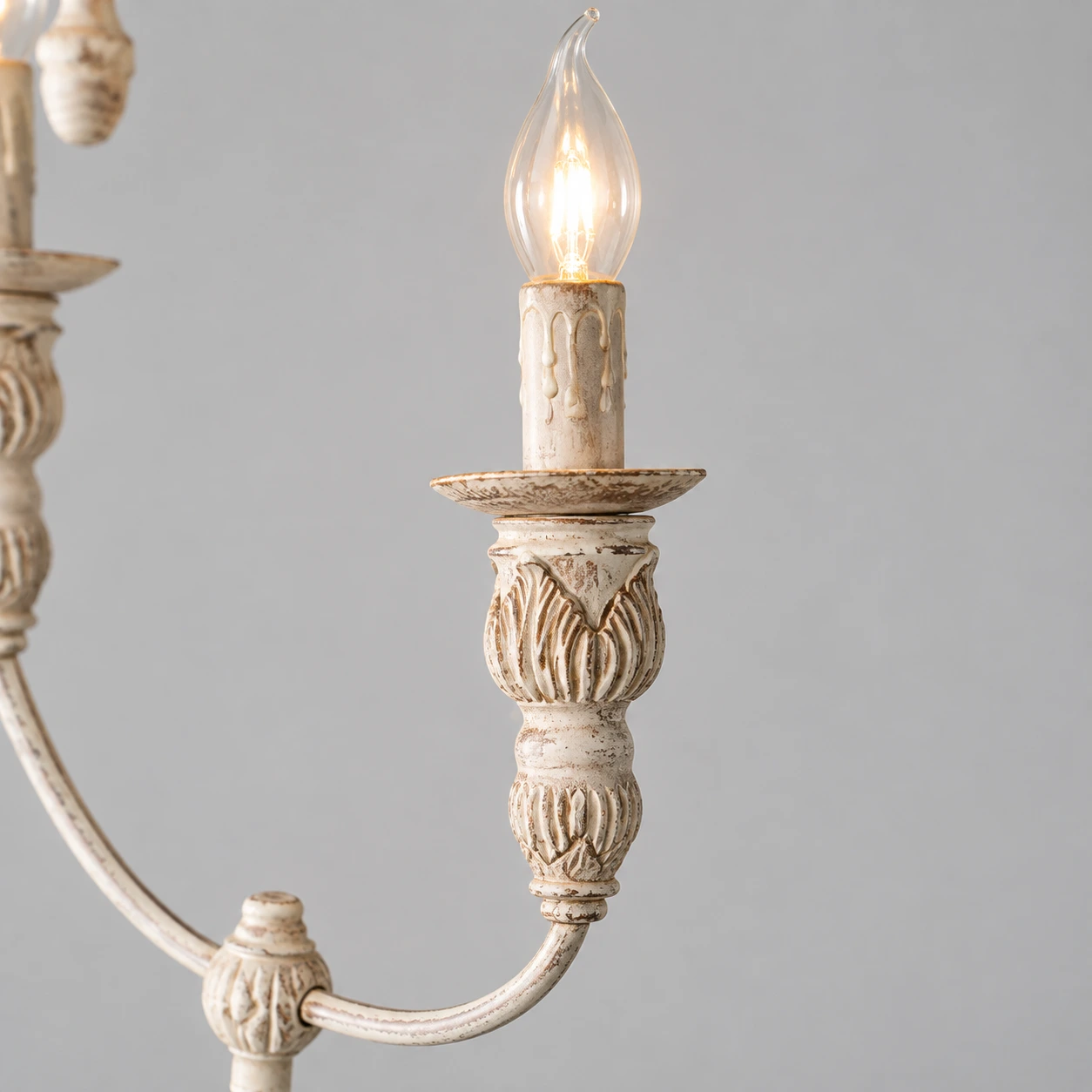 Maribel Rustic Carved Wood-Look Chandelier — shared gallery/body candle holder detail