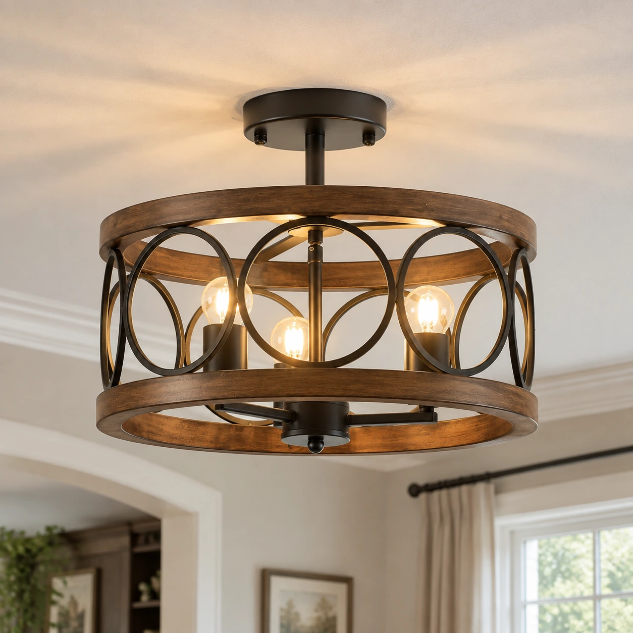 American Rustic Wood Lantern Ceiling Light in Black, front view