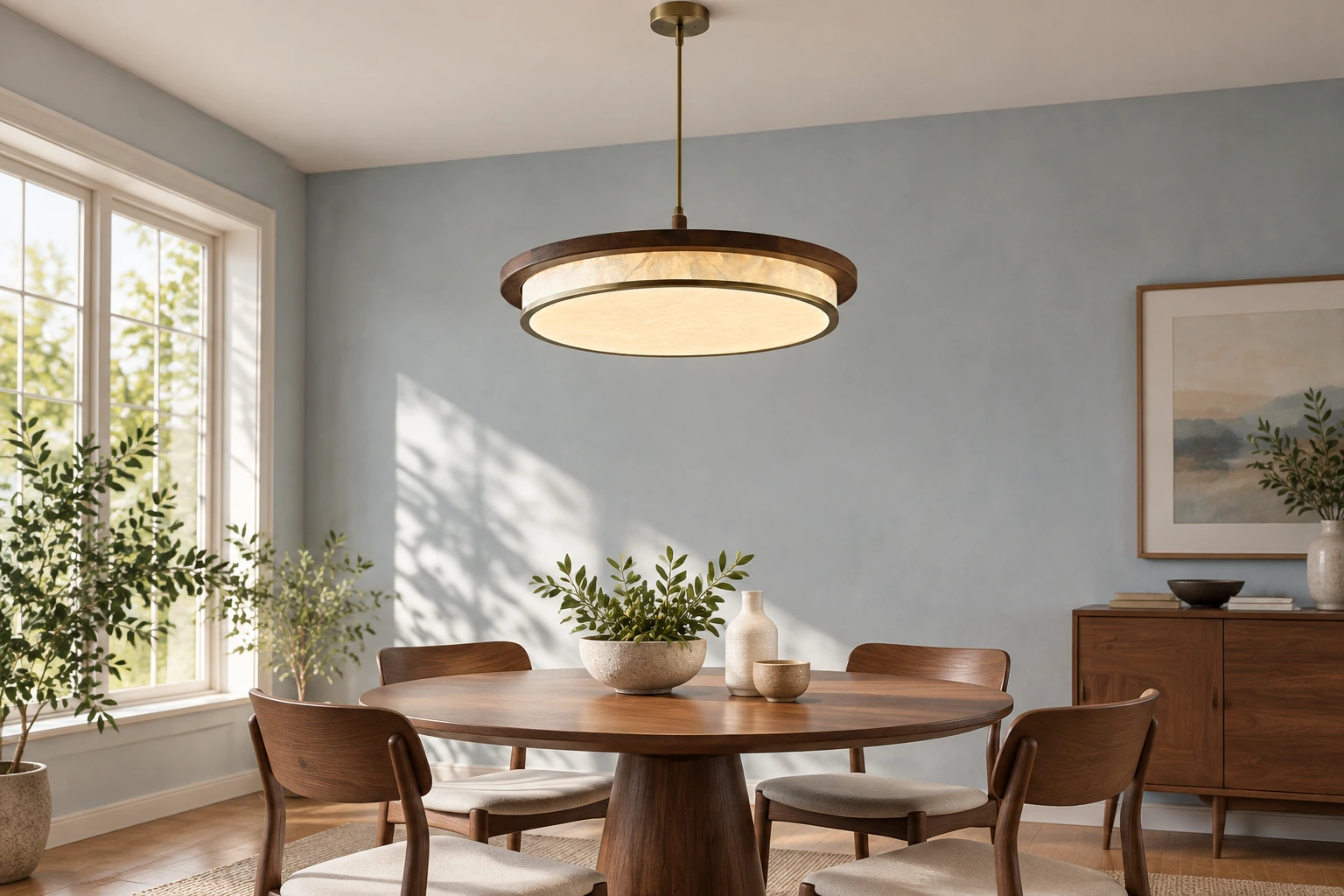 Avery walnut pendant light in a dining room