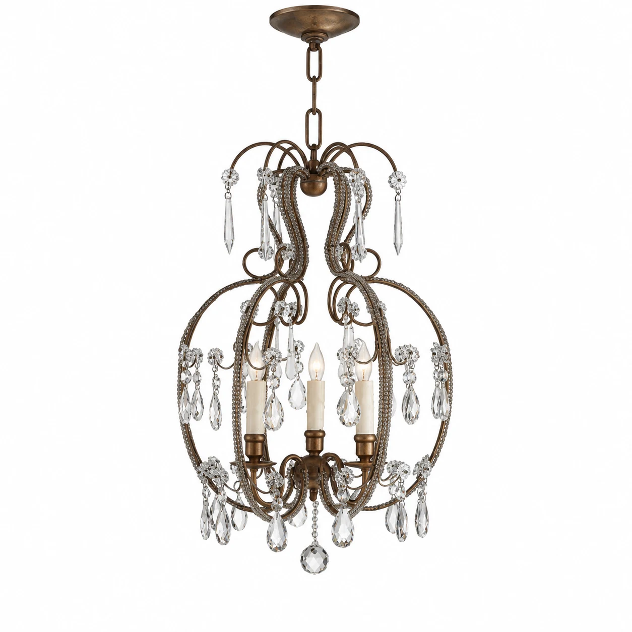 28 cm rust-brown three-light crystal chandelier on white