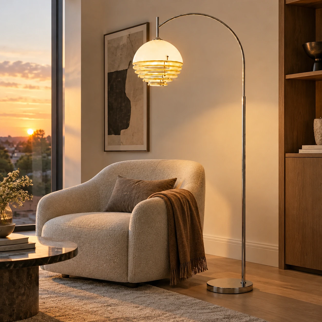 Calvero Size D floor light in a sunset lounge