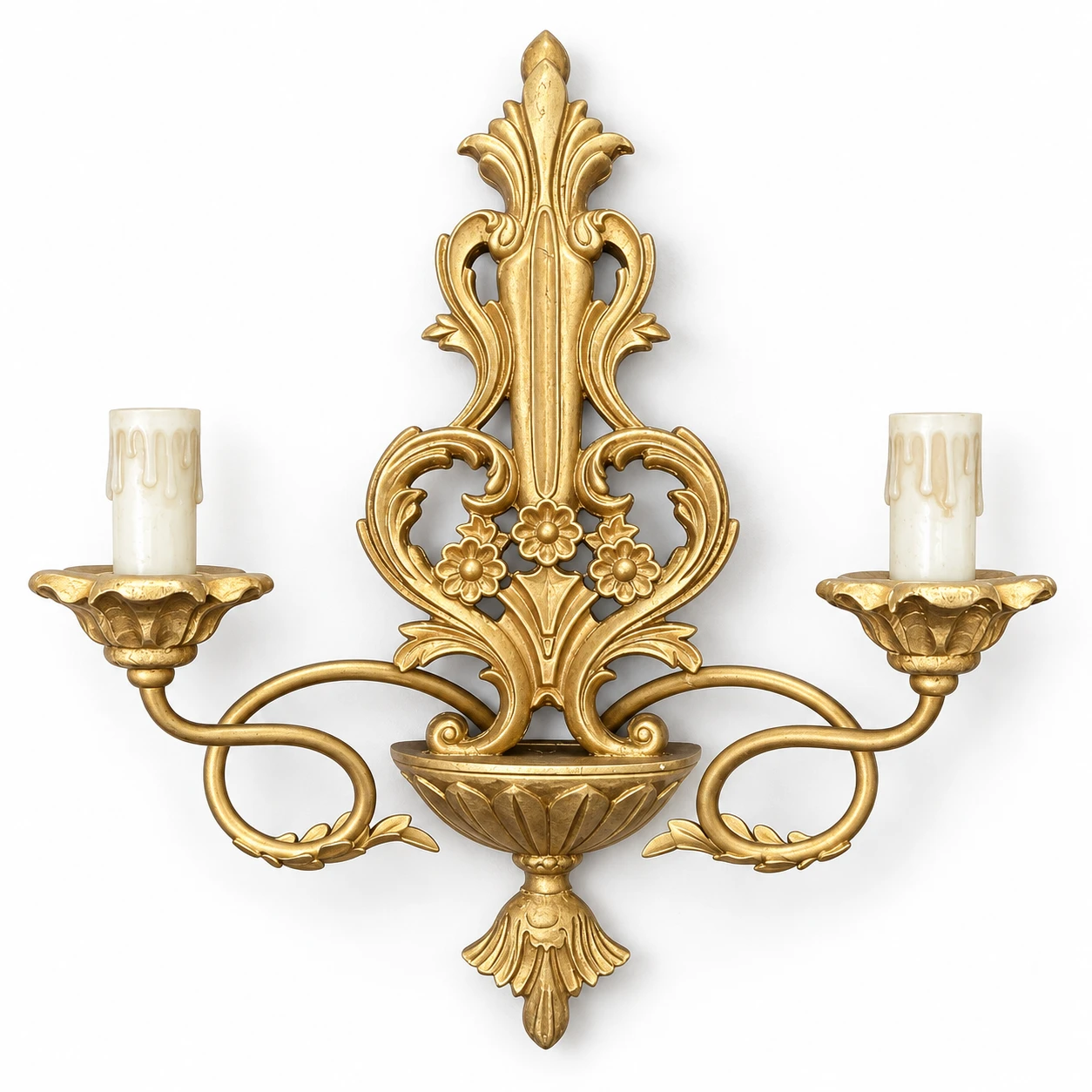 Lucien Vintage Gold carved wood wall sconce on a white background
