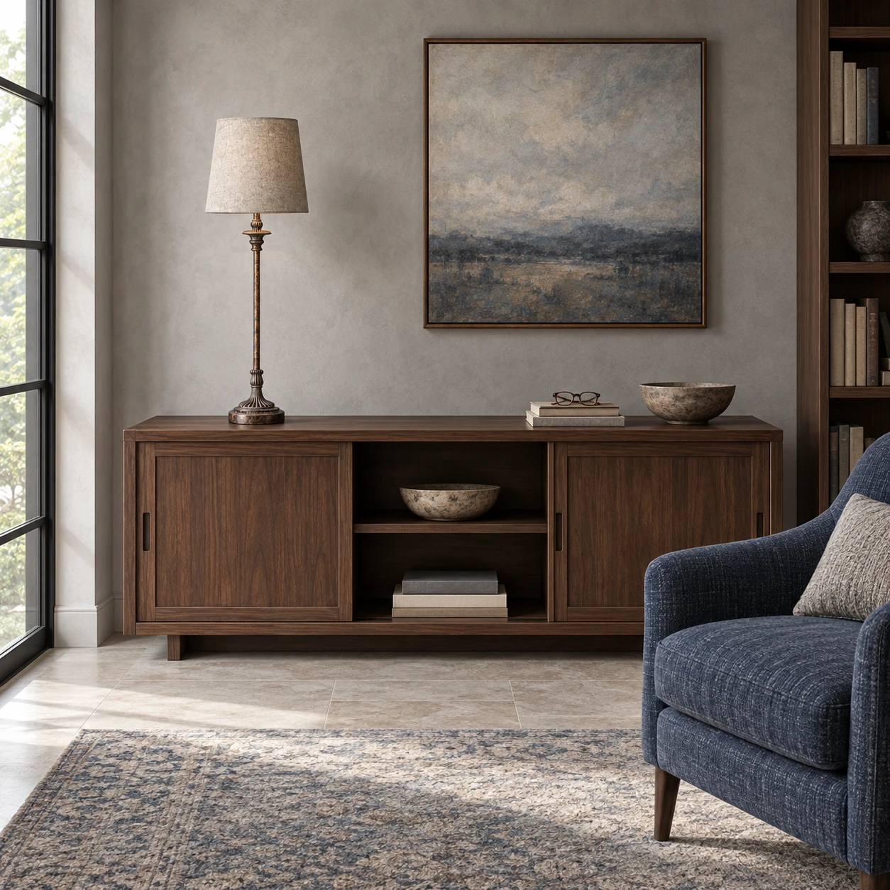 Tall carved wood table lamp on a library credenza
