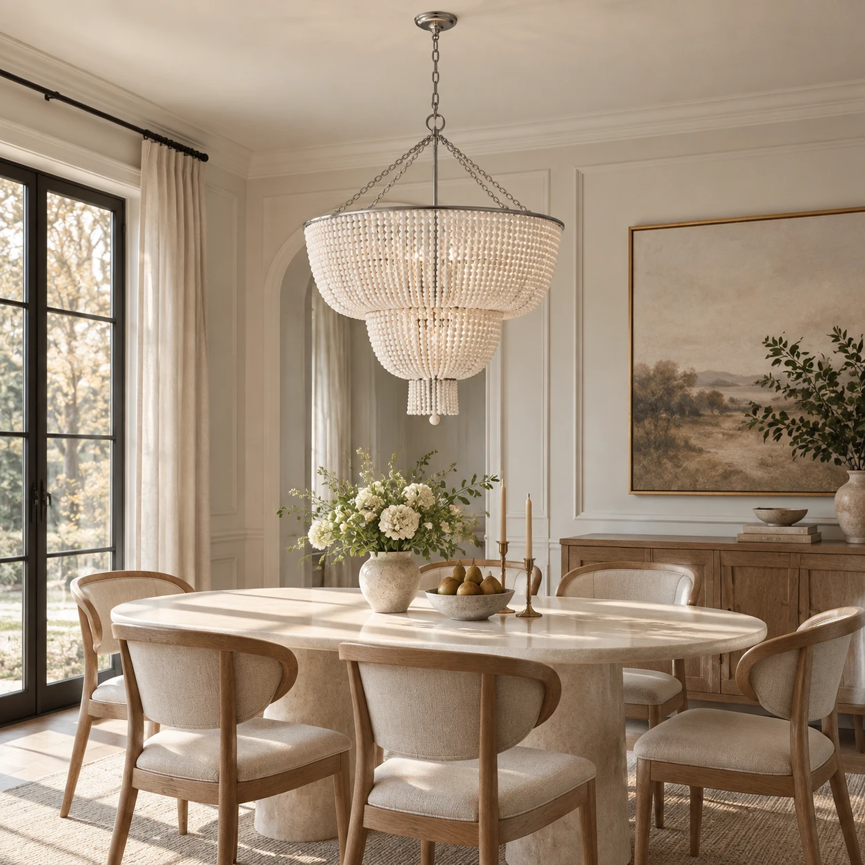 12-light wood bead chandelier in a formal dining room