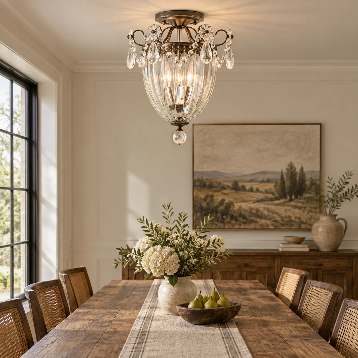 American Rustic Crystal Chandelier in an American rustic dining area with a long wood table