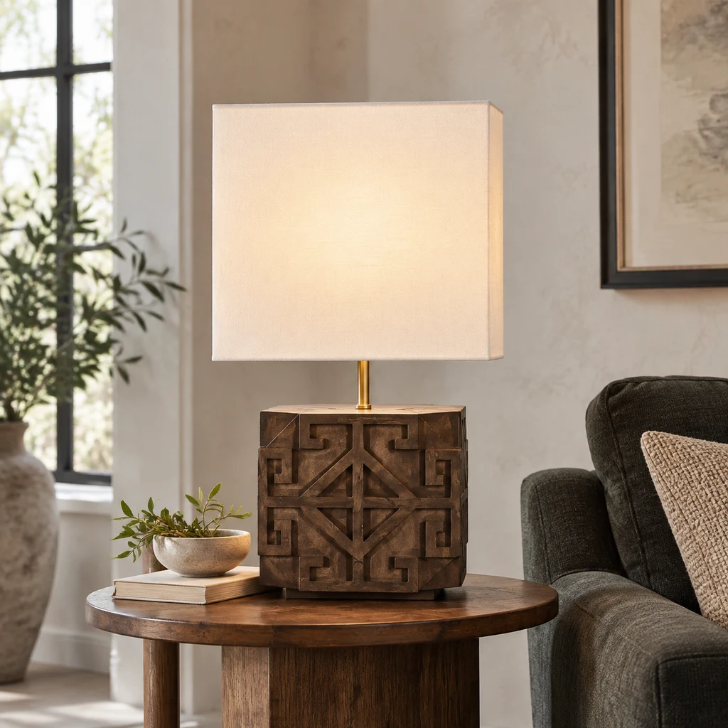 Aurelia table lamp on a side table in a refined boutique salon