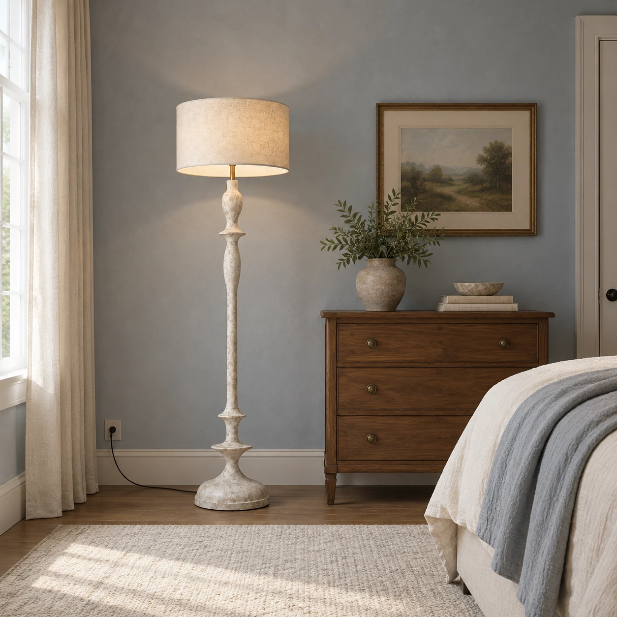 Camille French country turned-wood floor lamp in a soft bedroom corner