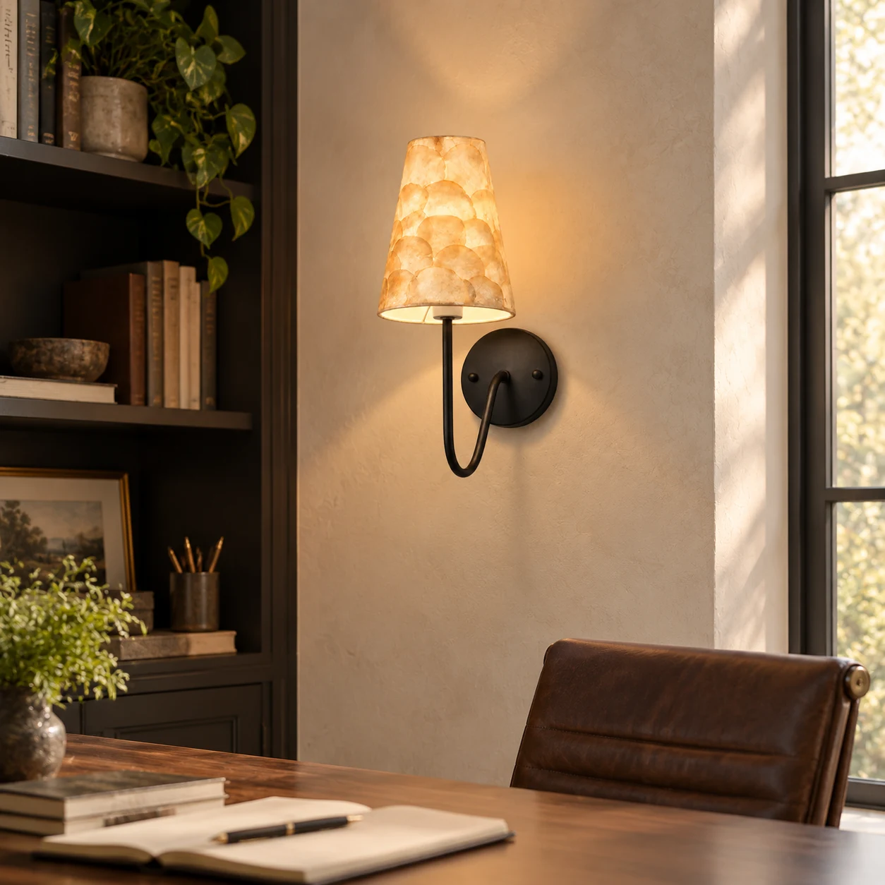 Matte black shell mosaic wall sconce in a home office