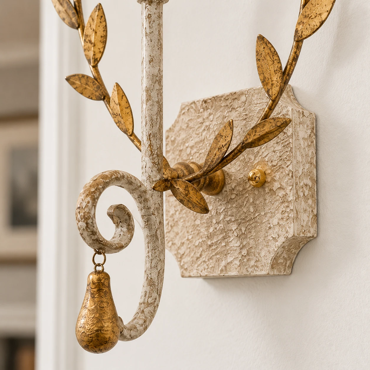 Nora wall sconce weathered wood backplate and iron leaf detail
