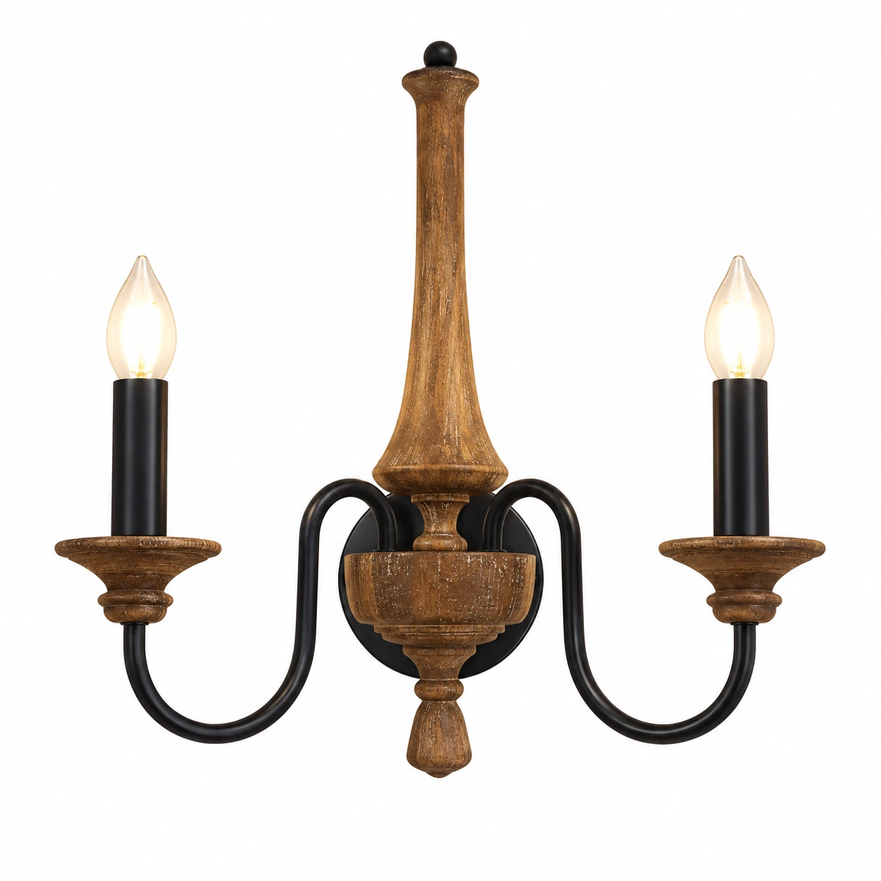 Two-light American vintage carved wood wall sconce on a white background