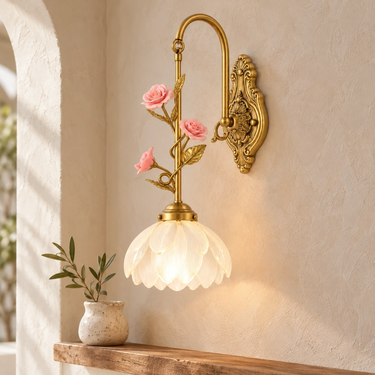 Wushlp Vintage Petal Copper Wall Light in a bright hallway