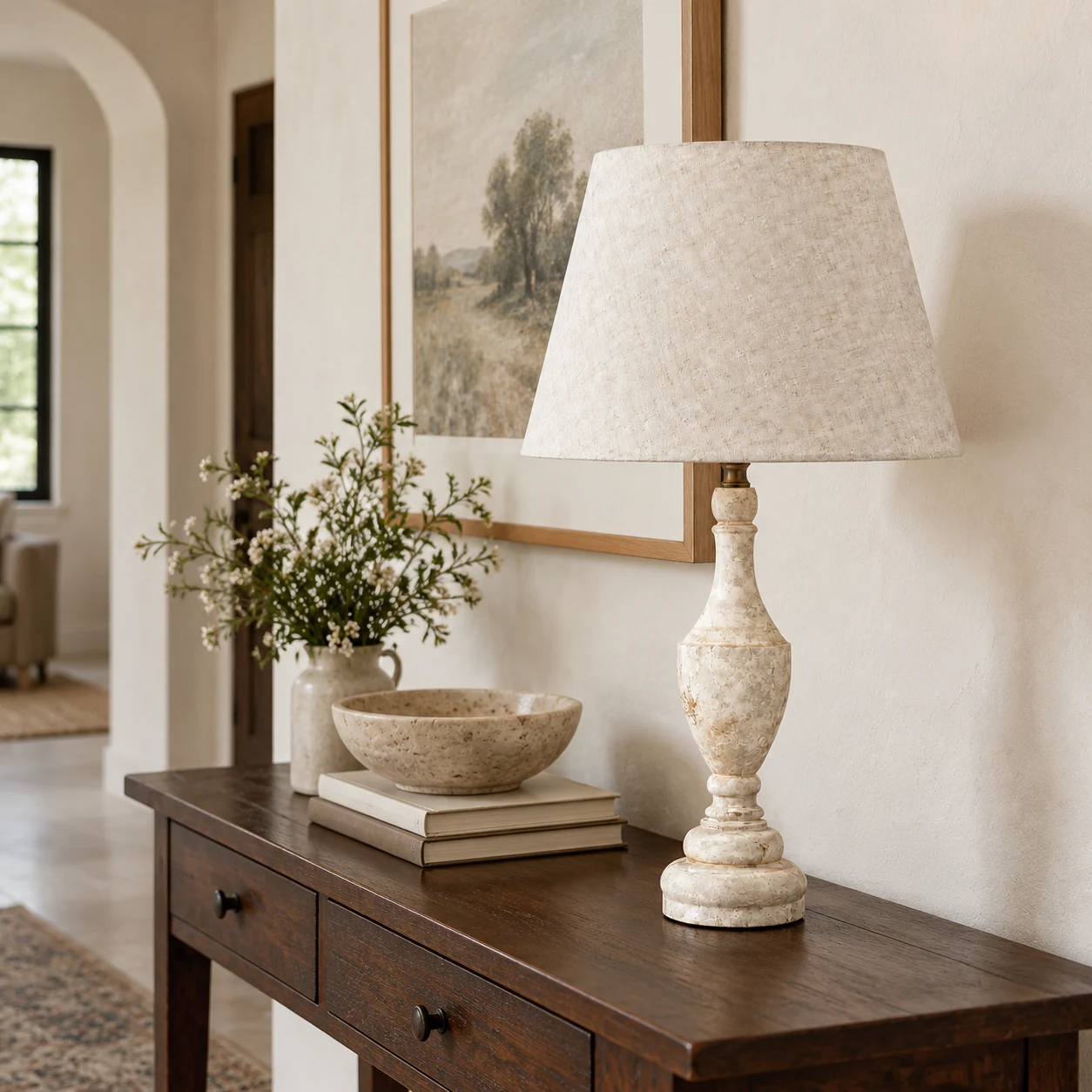 Antique white table lamp on a dark wood entry console
