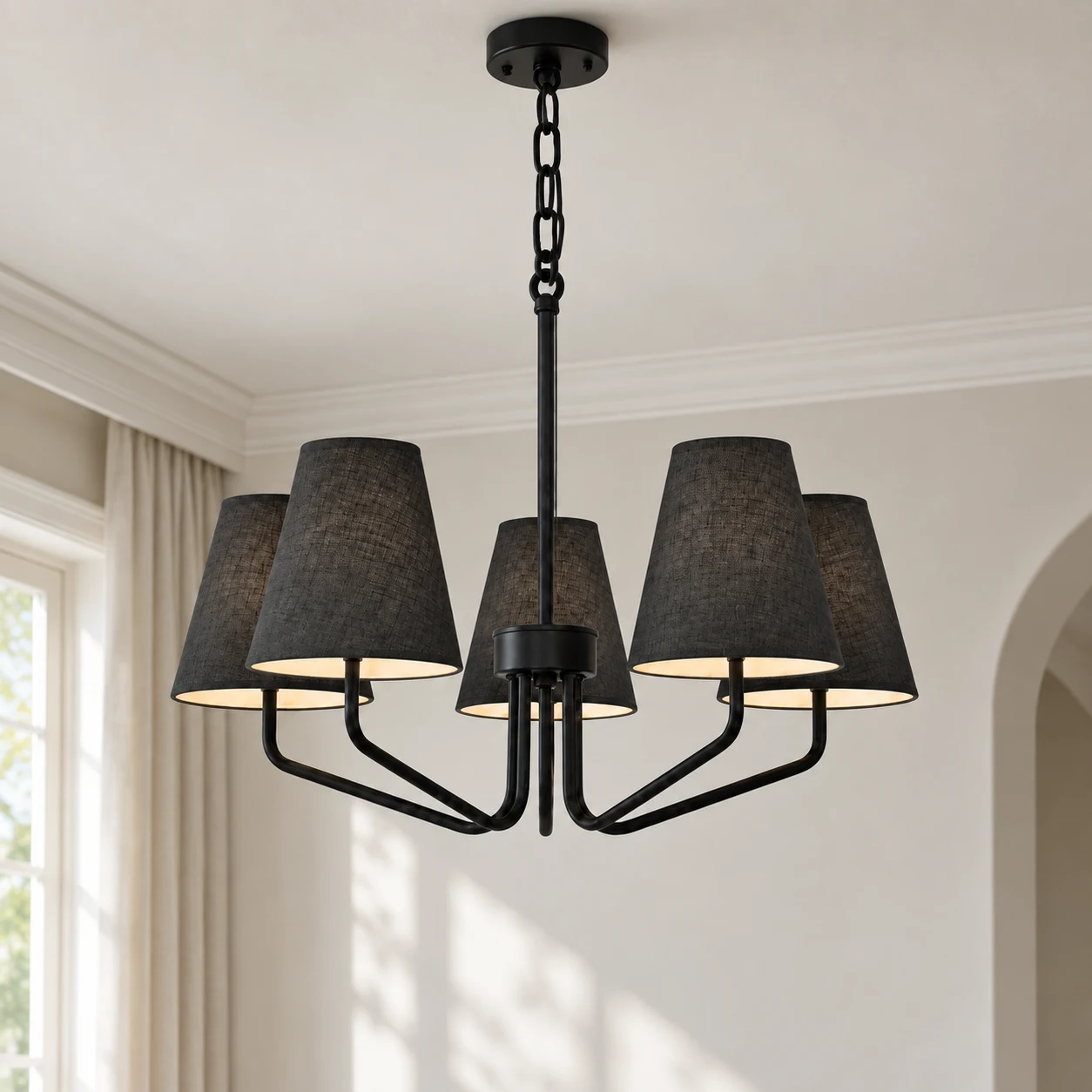 Lucia black iron branching fabric-shade chandelier in a bright residential interior