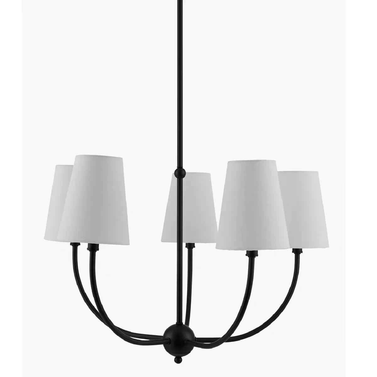 Black five-light branch chandelier with fabric shades on a white background