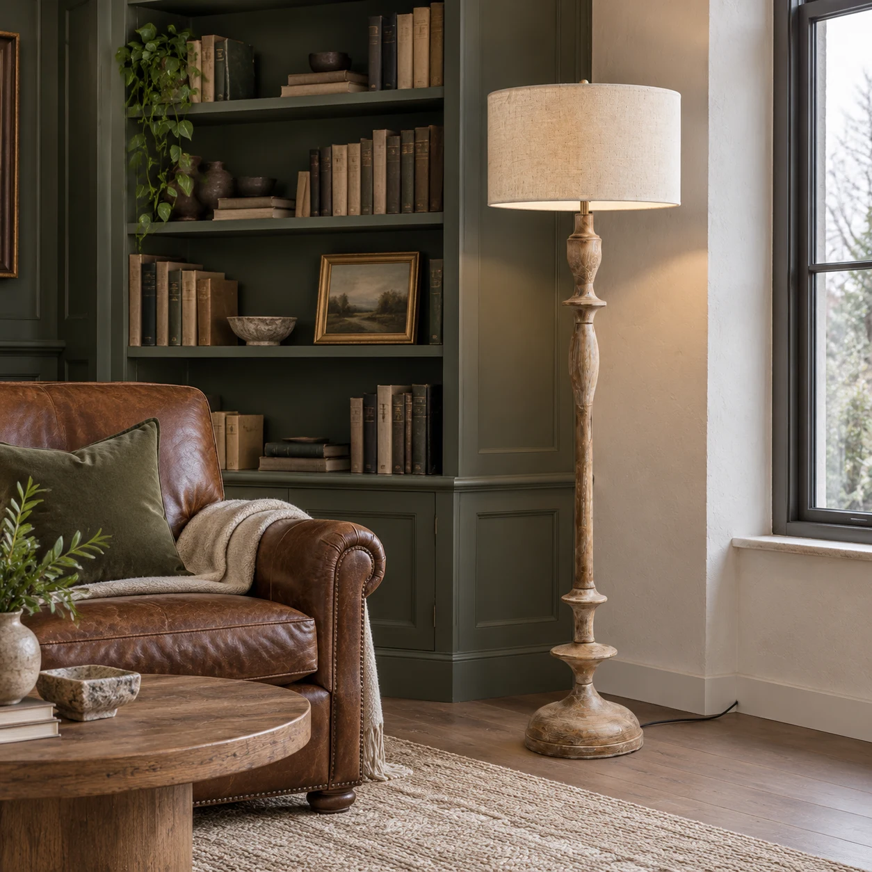 Camille French country turned-wood floor lamp in a library corner