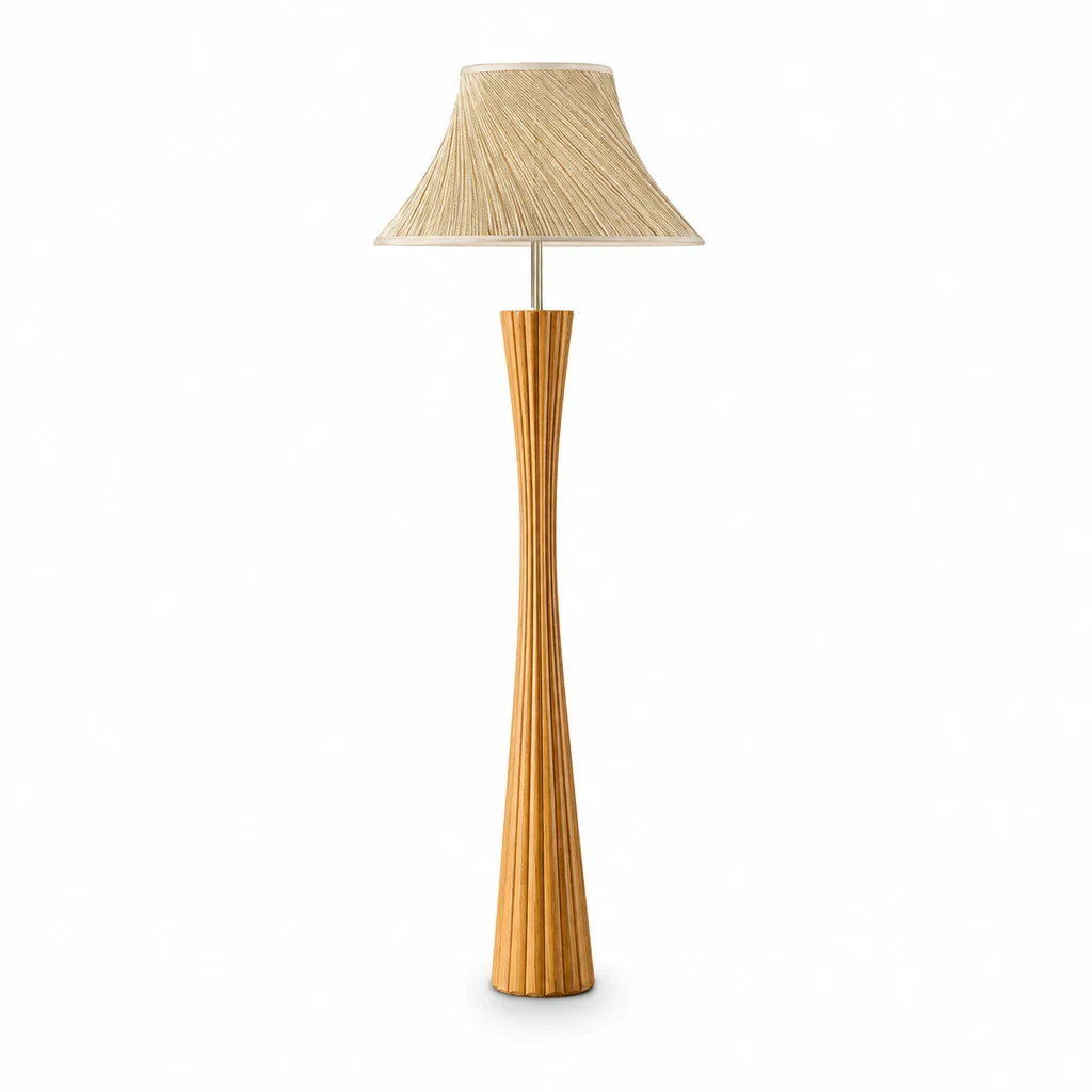 Front view of the Elodie carved wood floor lamp on a white background