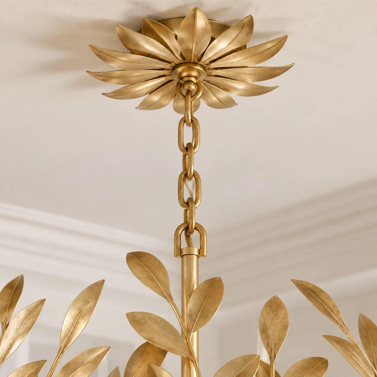 Elise French Leaf-Wreath Iron Chandelier — Flower-shaped canopy and chain detail