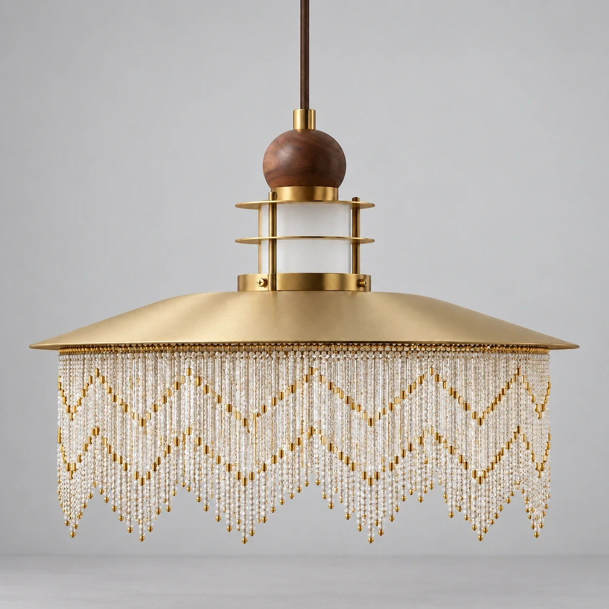 Wushlp Vintage Fringe Wood Pendant Light switched off in a neutral studio
