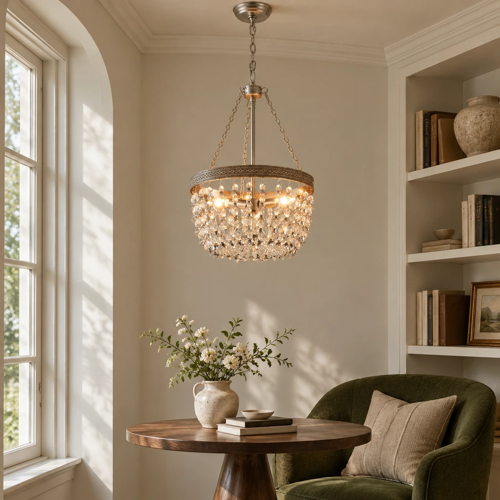 Silver crystal branch chandelier in a library nook