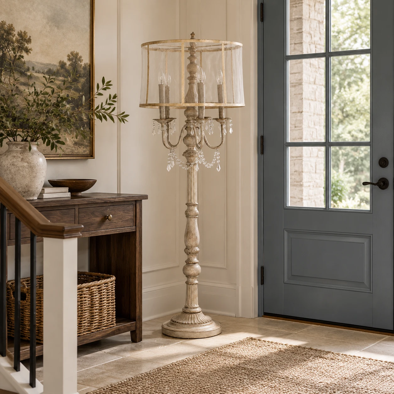 Five-light carved wood floor lamp in an entry hall