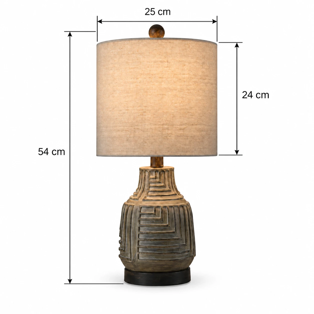 Overall table lamp dimensions: 54 cm high, 25 cm shade diameter, 24 cm shade height