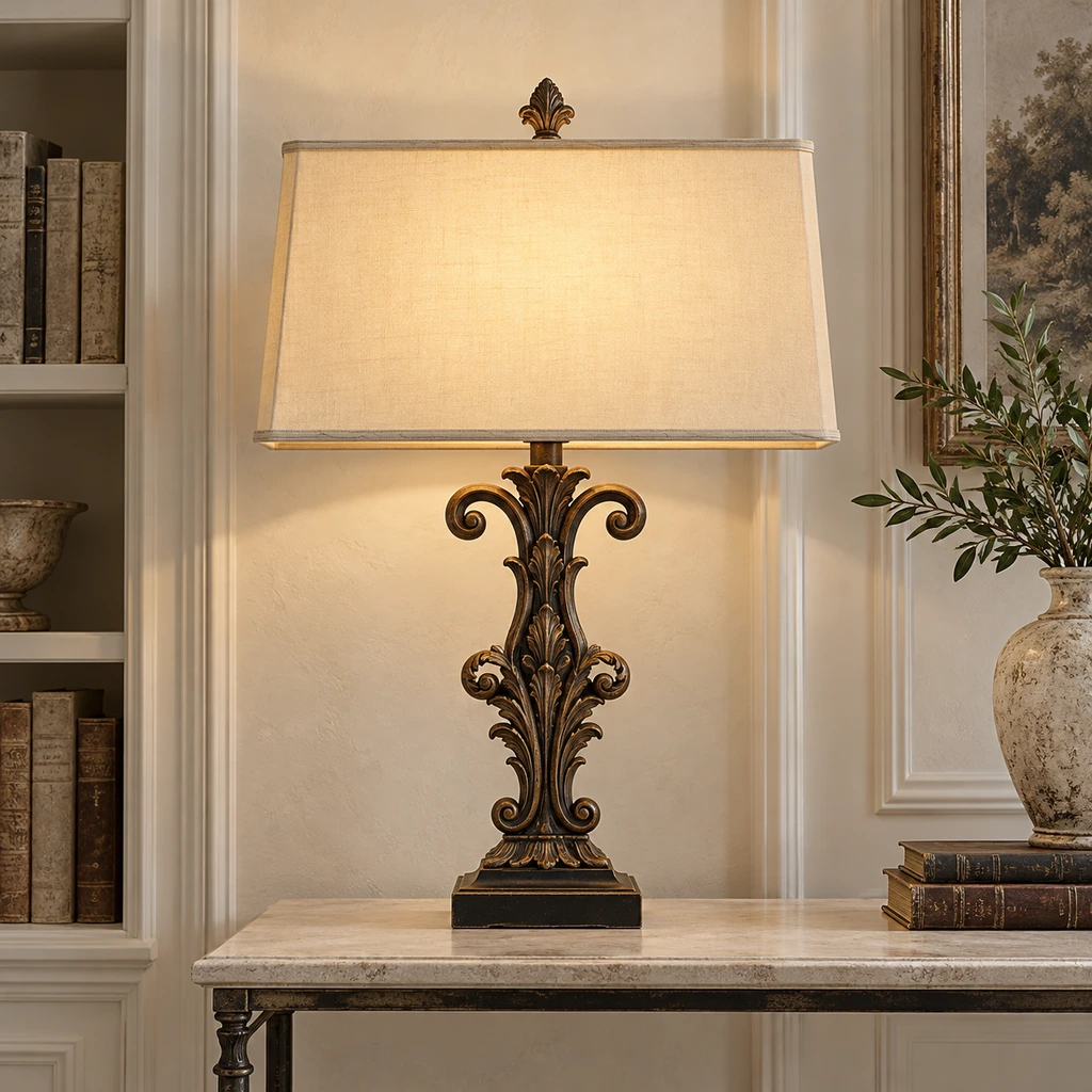 Rothbury ornate table lamp illuminated on a pale architectural console