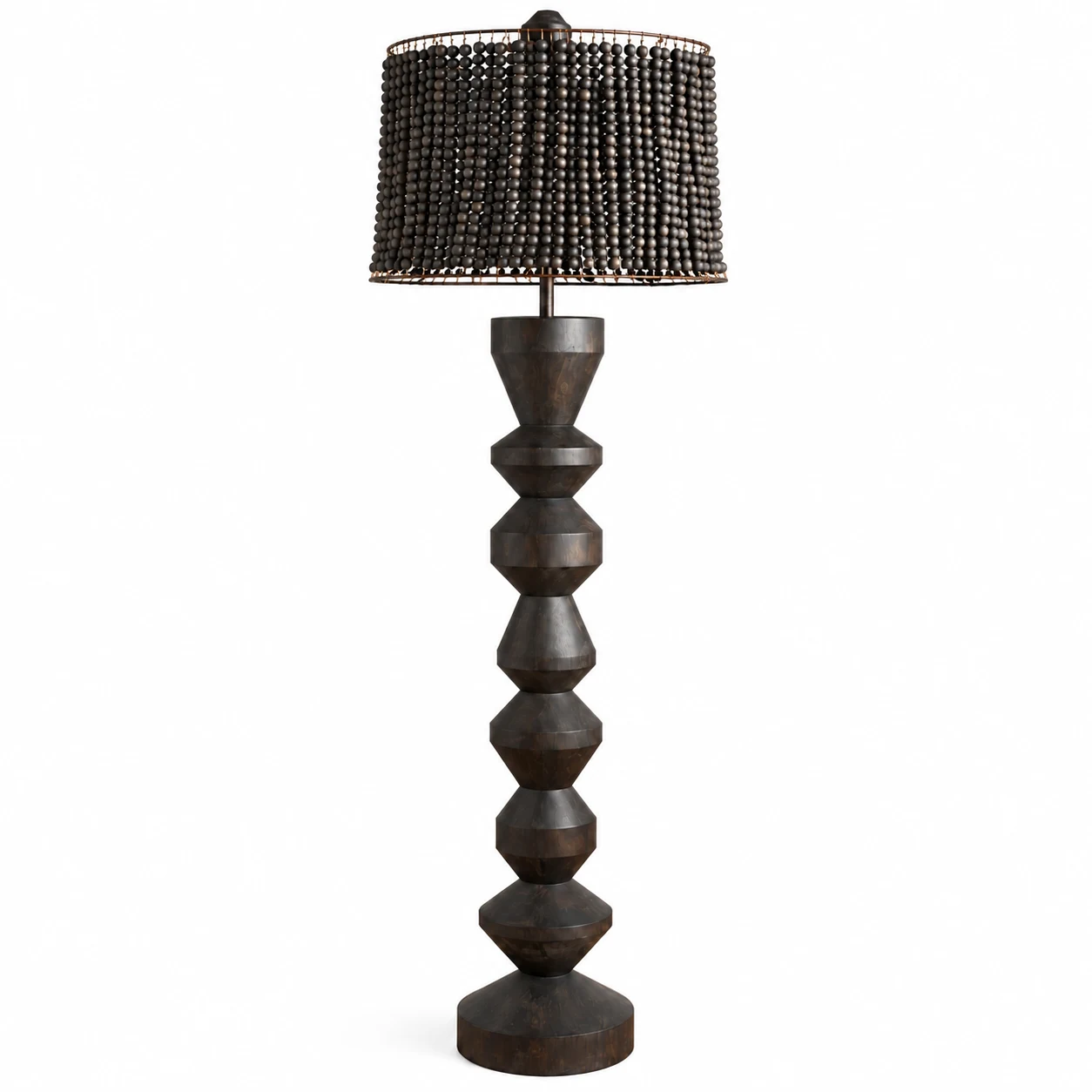 Three-quarter view of the dark wood beaded floor lamp