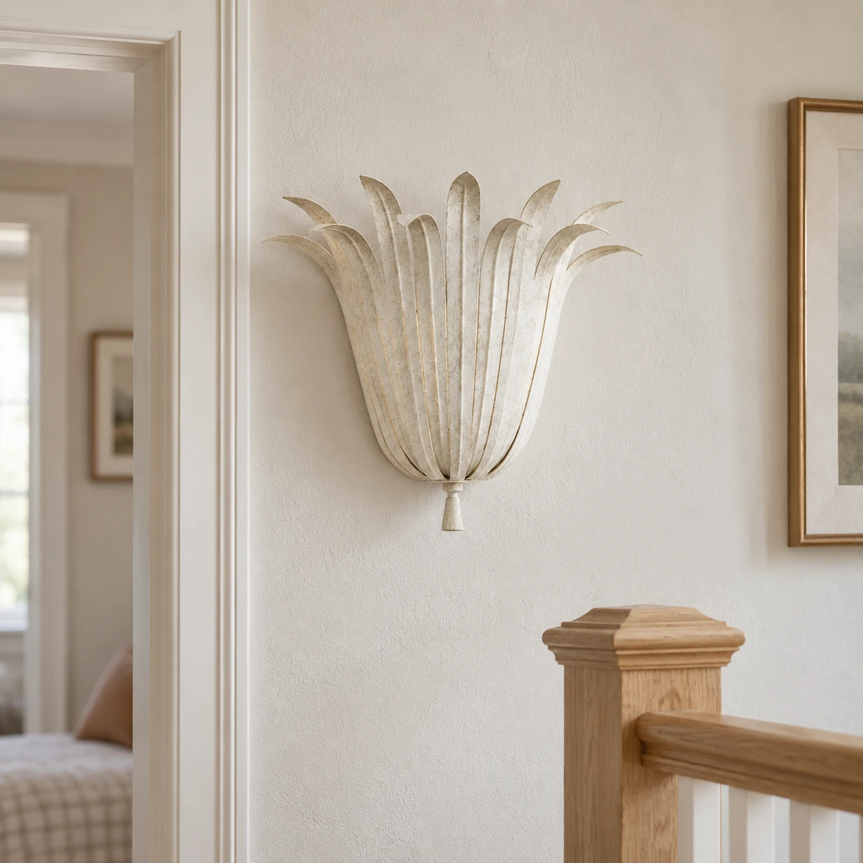 Vintage White wall sconce by an upstairs stair landing