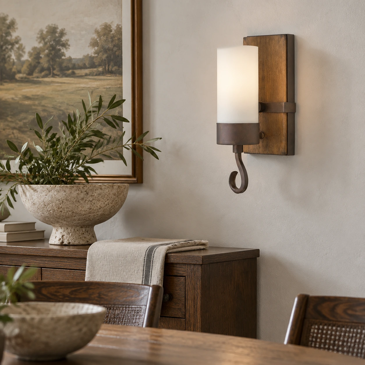Carved wood wall sconce beside a dark oak sideboard