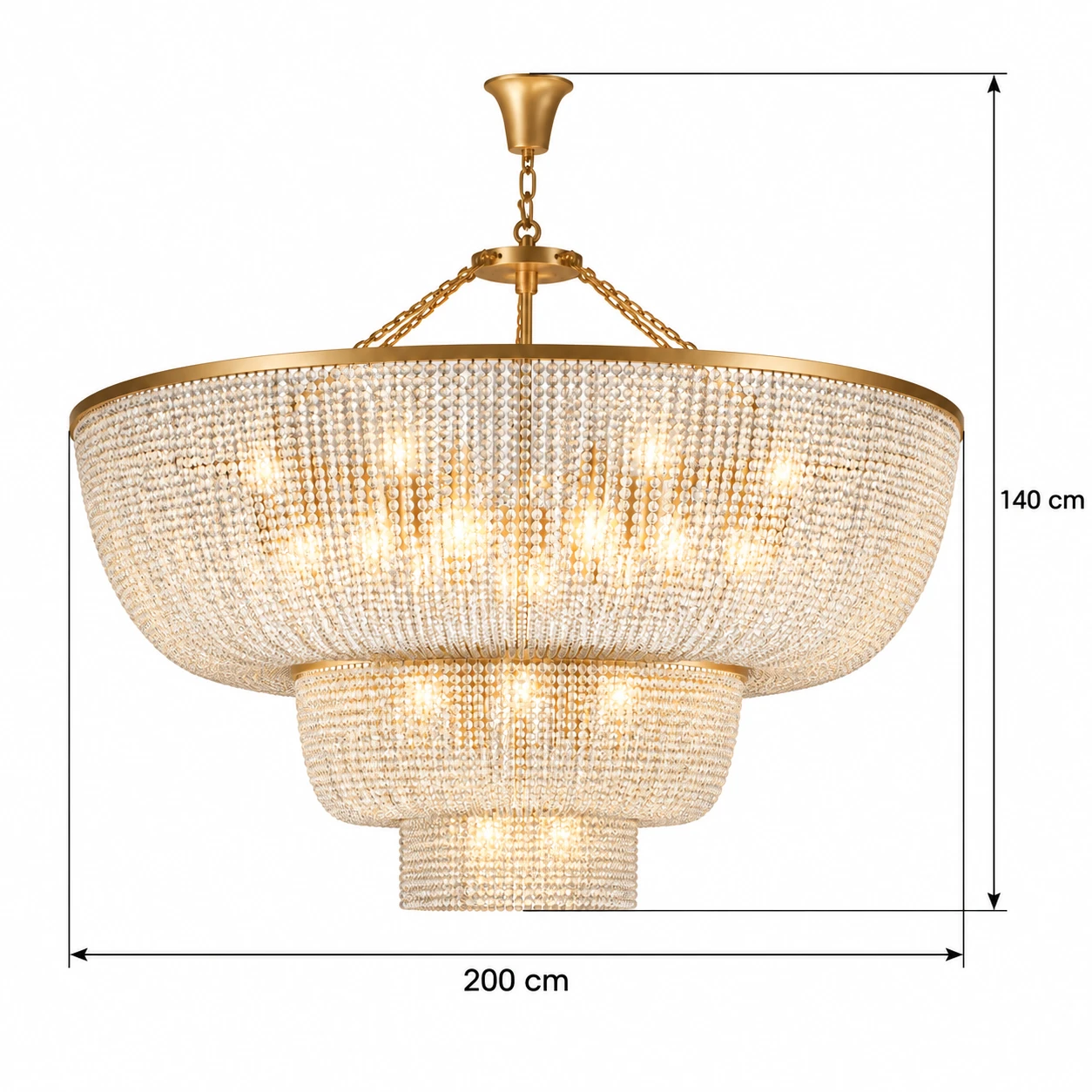 24-light chandelier dimensions: 200 cm diameter by 140 cm high