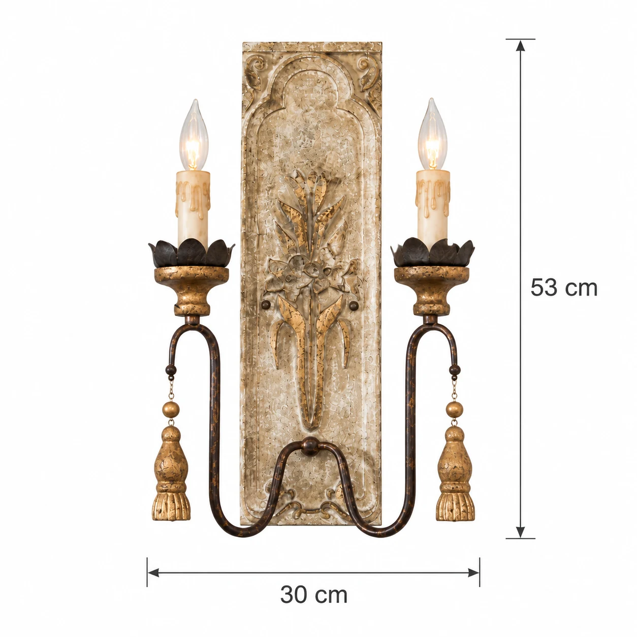 Camille double-head wall sconce dimensions: 30 cm wide and 53 cm high