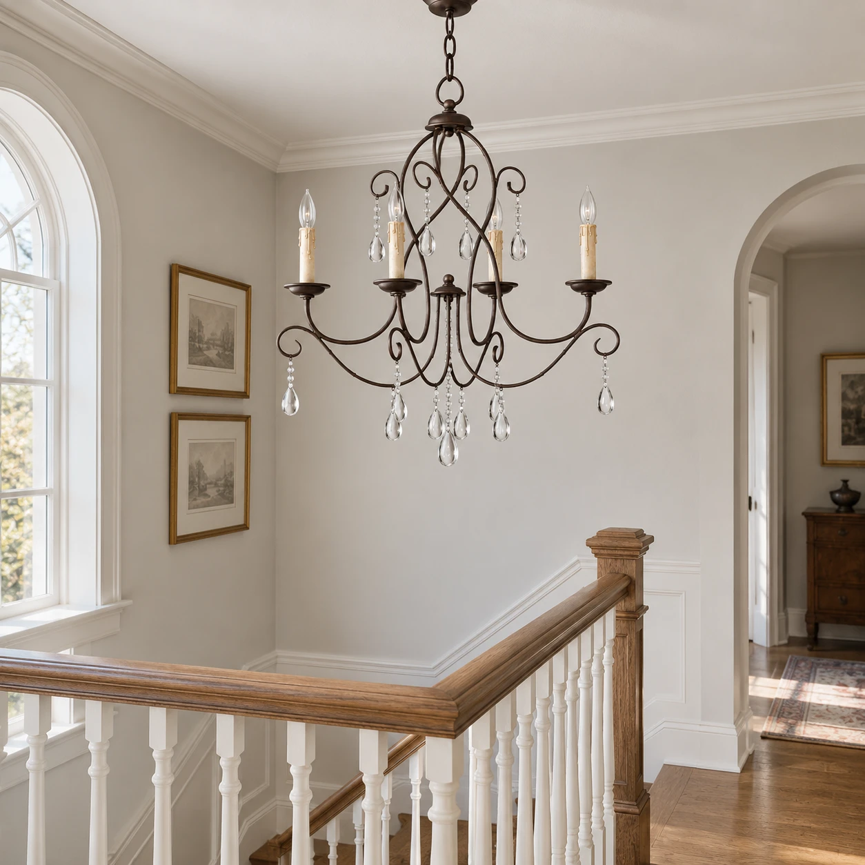 Four-light iron chandelier over a stair landing