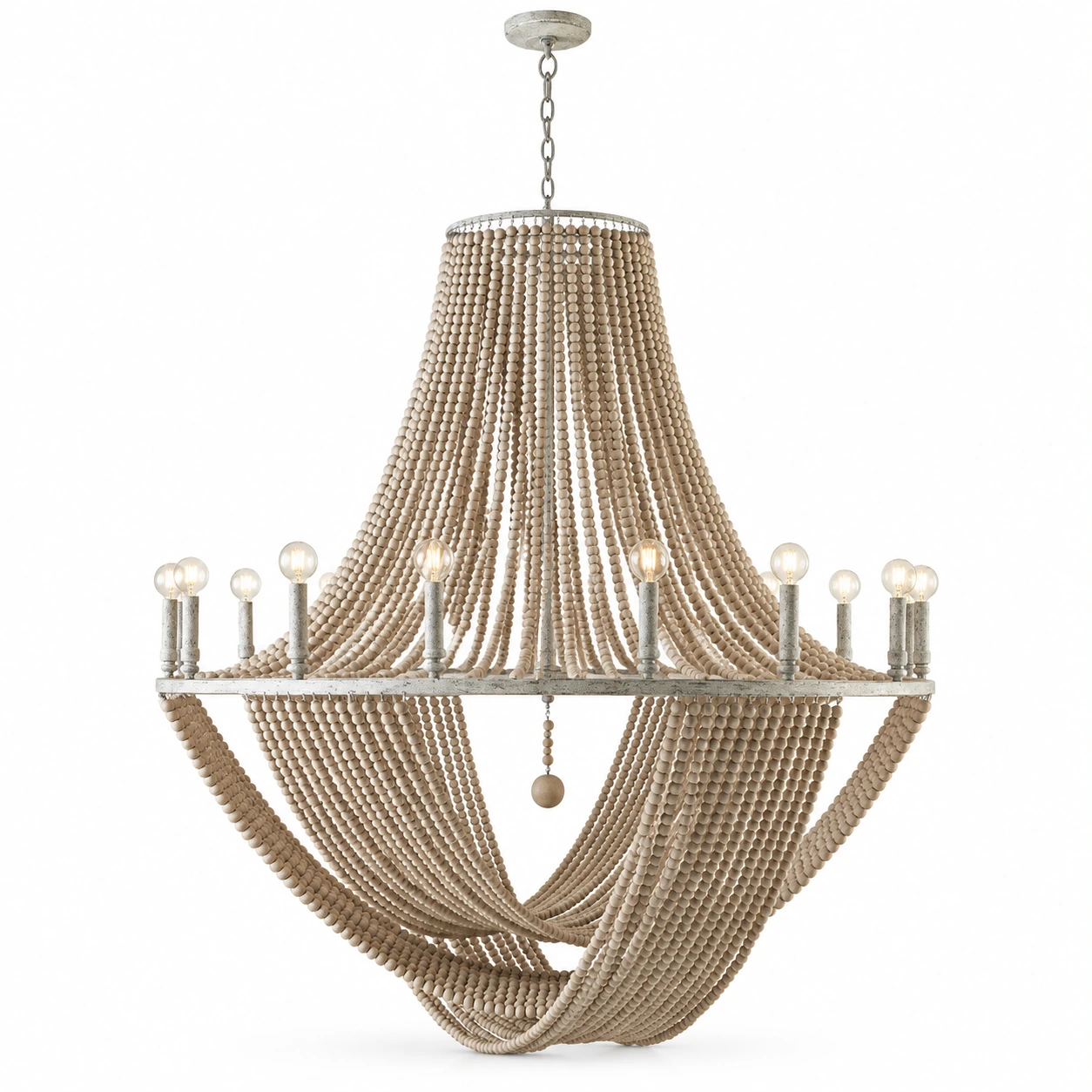 Elena twelve-light wood bead chandelier on a white background