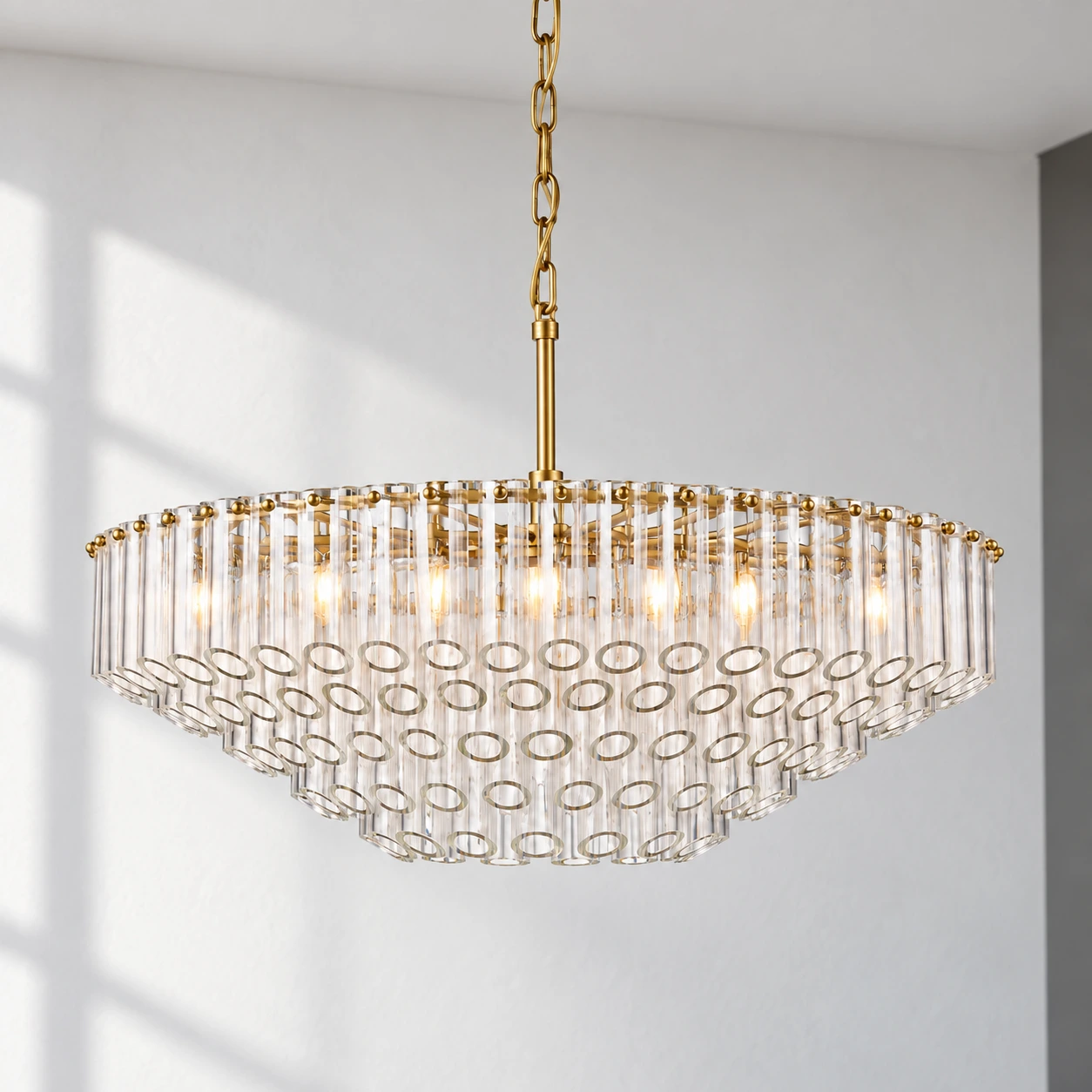 Camille crystal chandelier against a cool white architectural wall