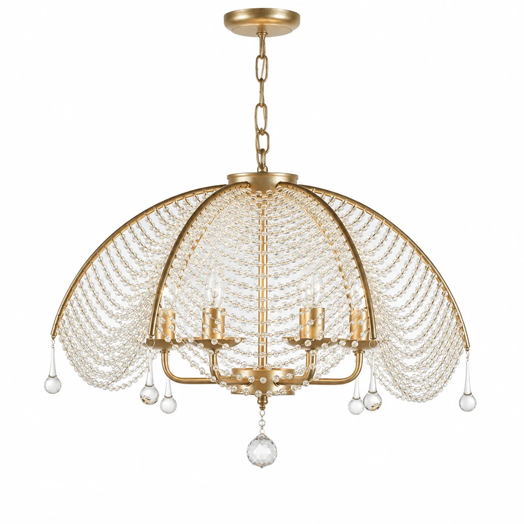 Aurelia vintage gold six-head beaded dome chandelier on white