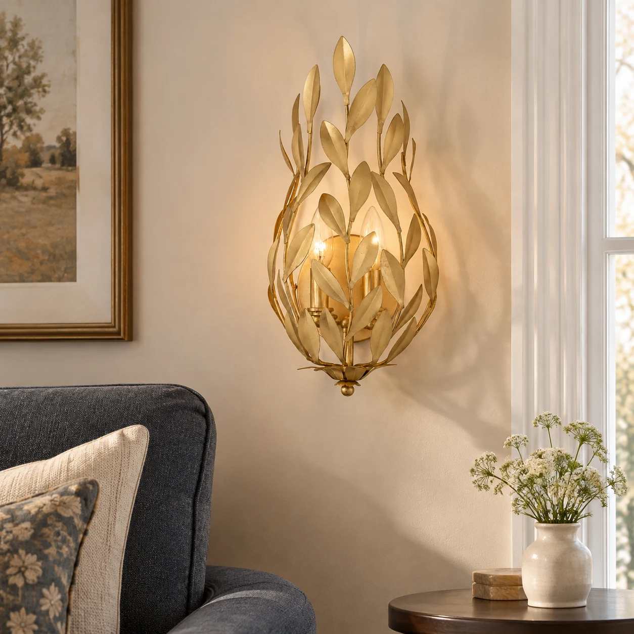 Elise gold leaf wall sconce in an ordinary American living room reading corner