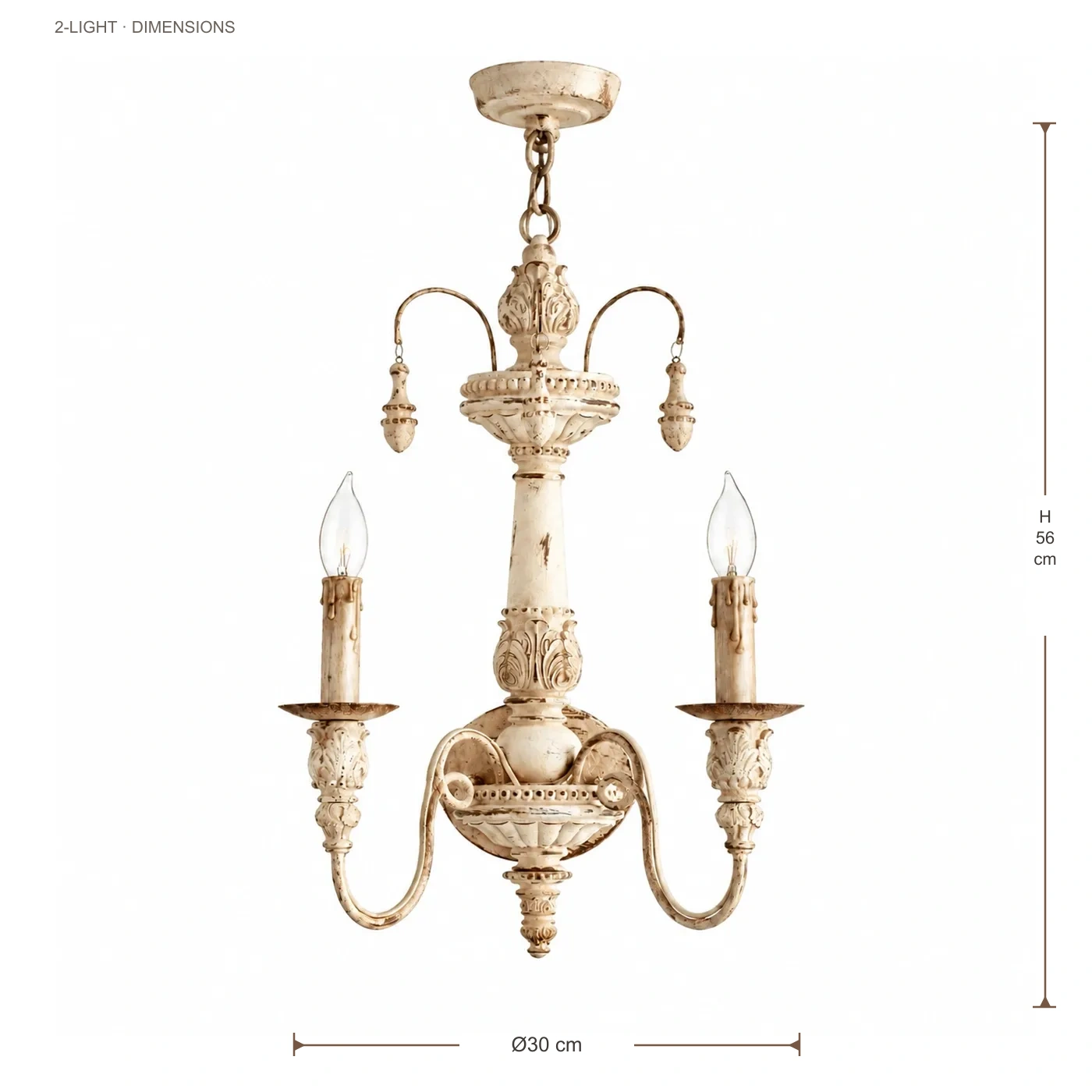 Maribel Rustic Carved Wood-Look Chandelier — 2-Light dimensions