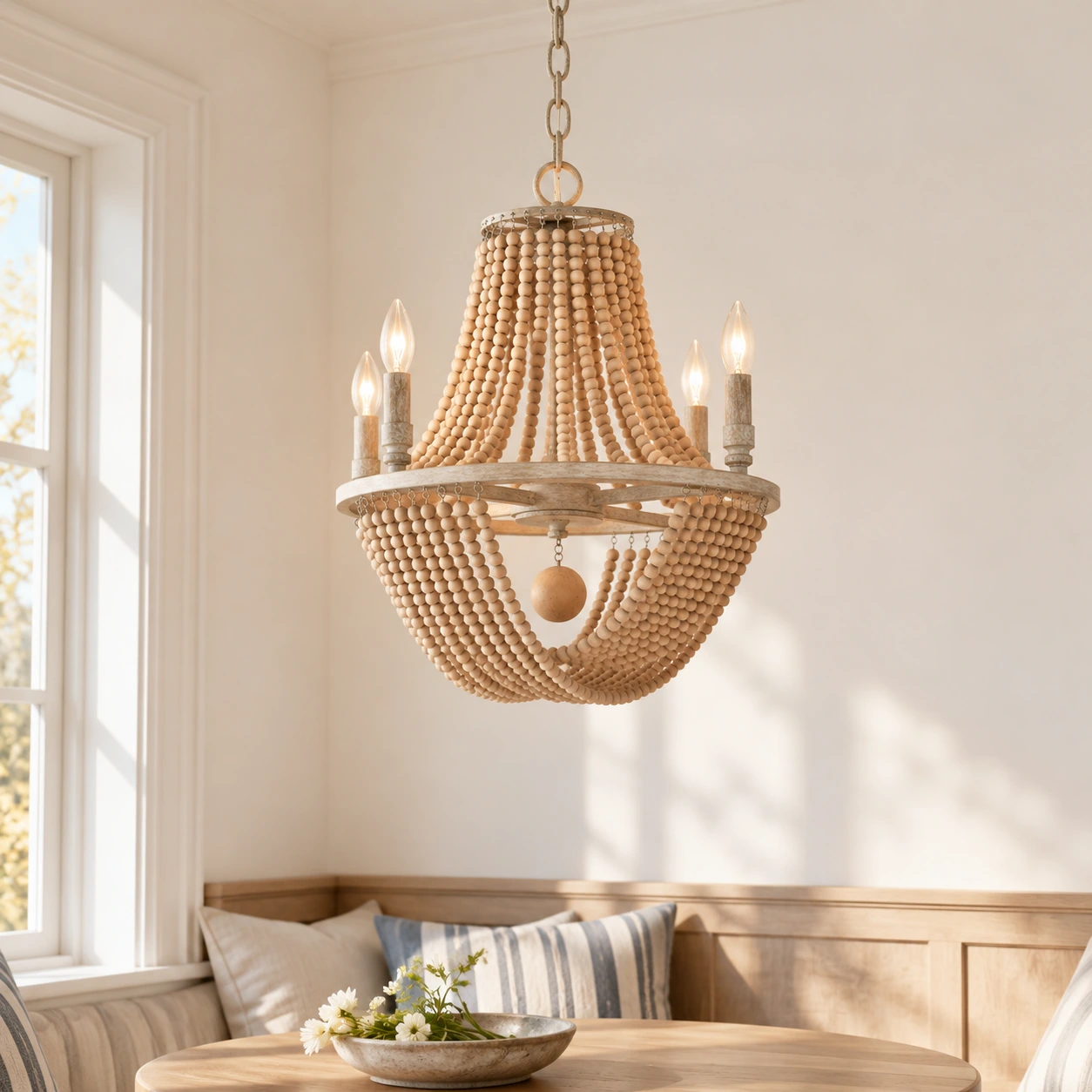 Four-light Elena wood bead chandelier in a breakfast room