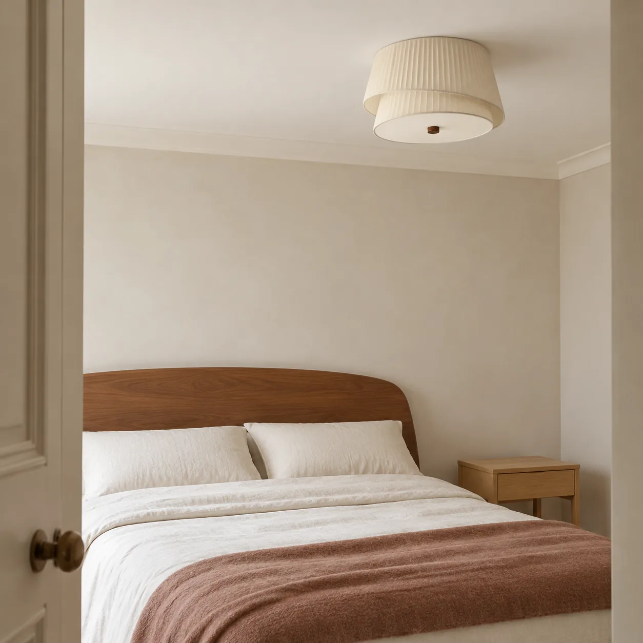 40 cm cream pleated fabric flush mount in a refined French mid-century bedroom