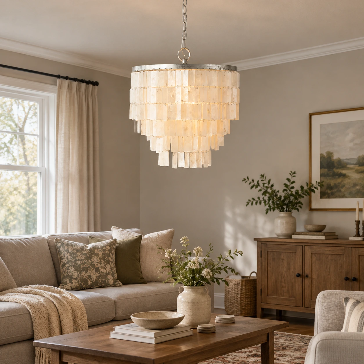 Avery Tiered Iron Shell Chandelier — Tiered shell chandelier in a living room