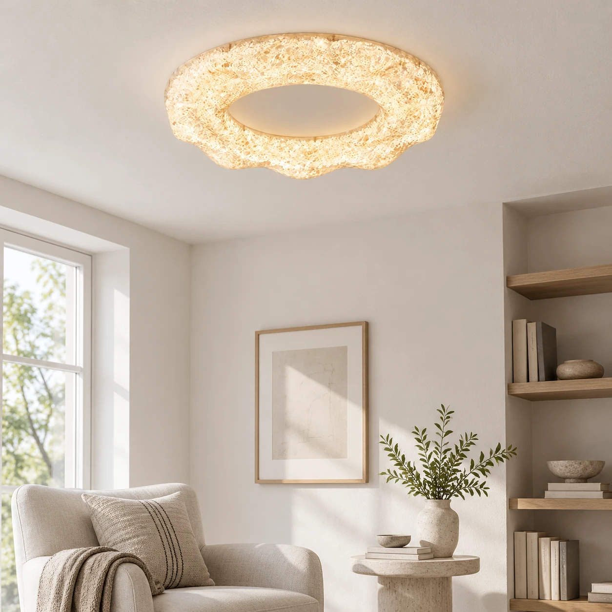 Close view of Clara sand white sculpted resin flush mount ceiling light in a reading nook