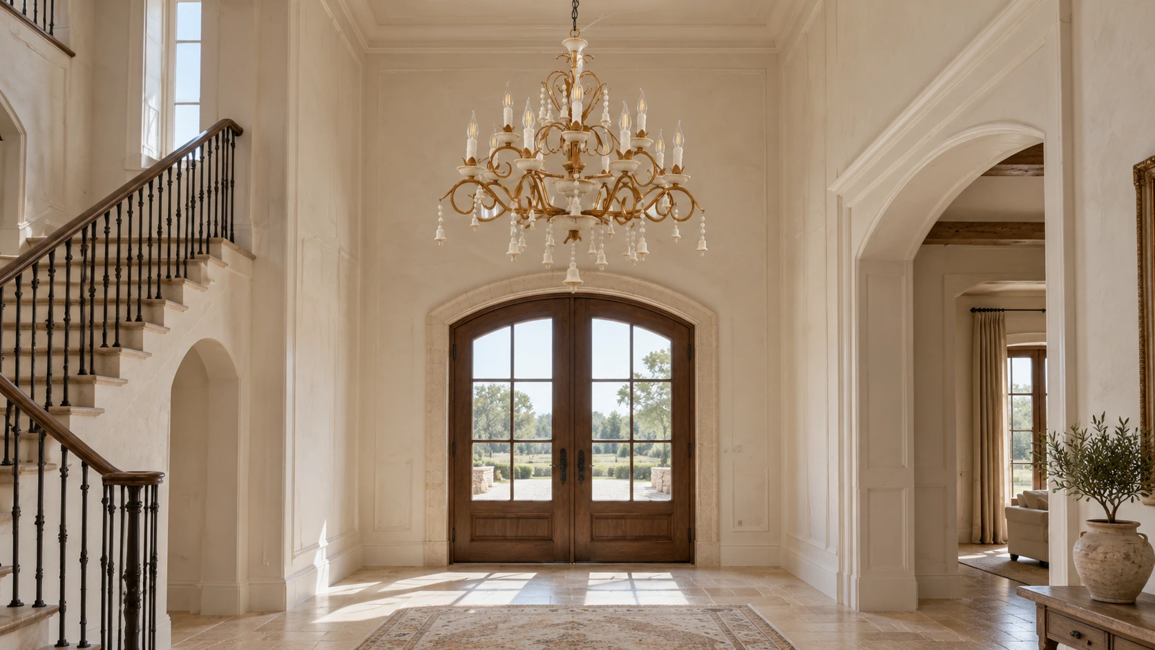 Vintage White 12-light chandelier suspended above a high-ceiling entryway