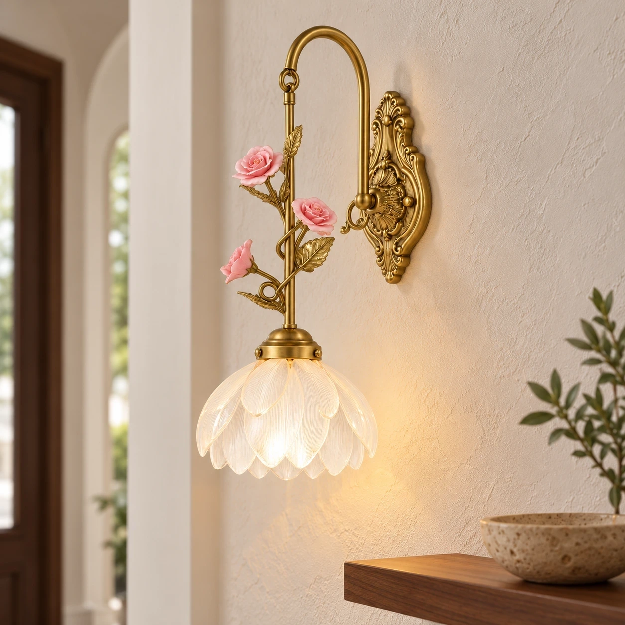 Wushlp Vintage Petal Copper Wall Light in a compact foyer