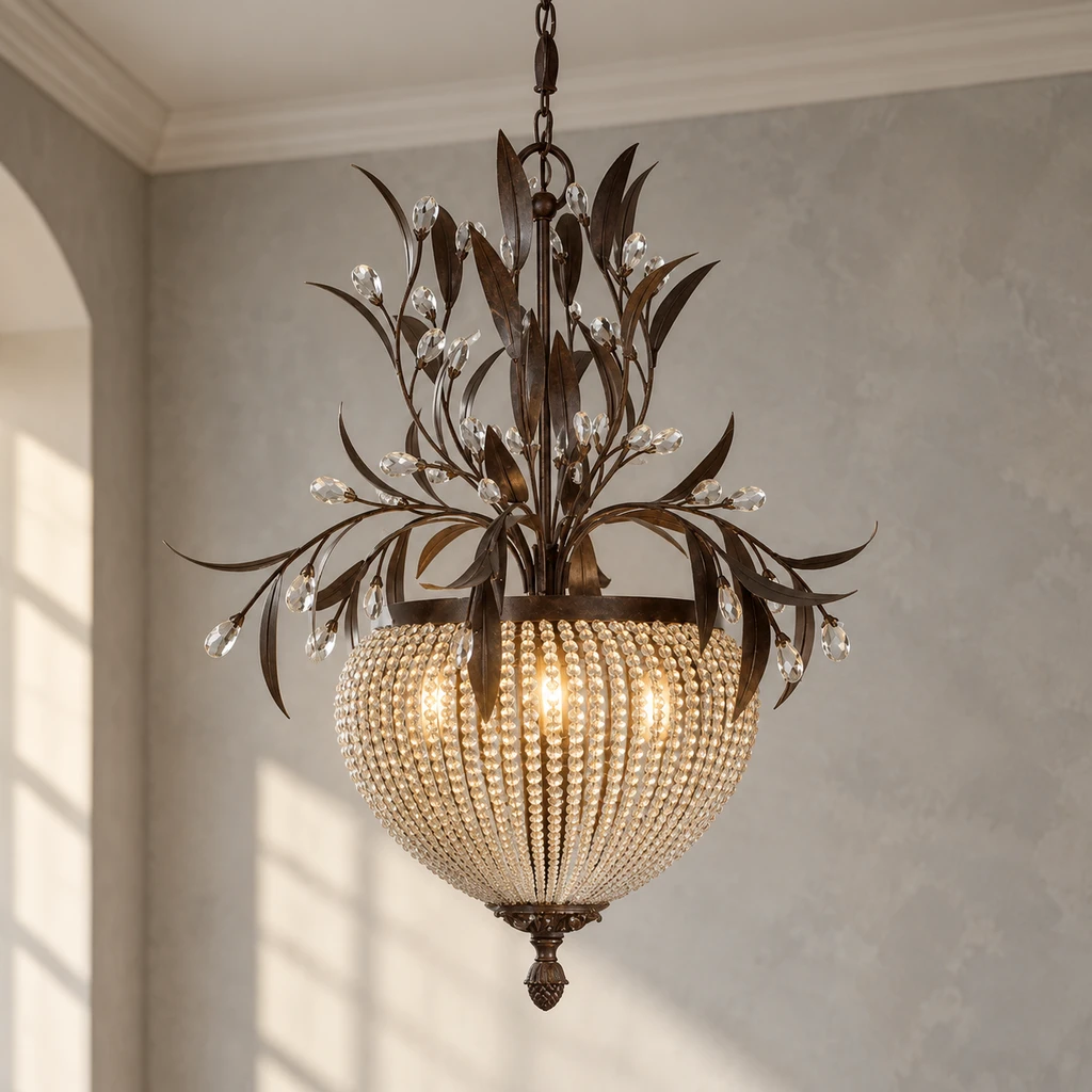 Celeste French vintage leaf and crystal chandelier switched on against pale smoke-gray mineral plaster