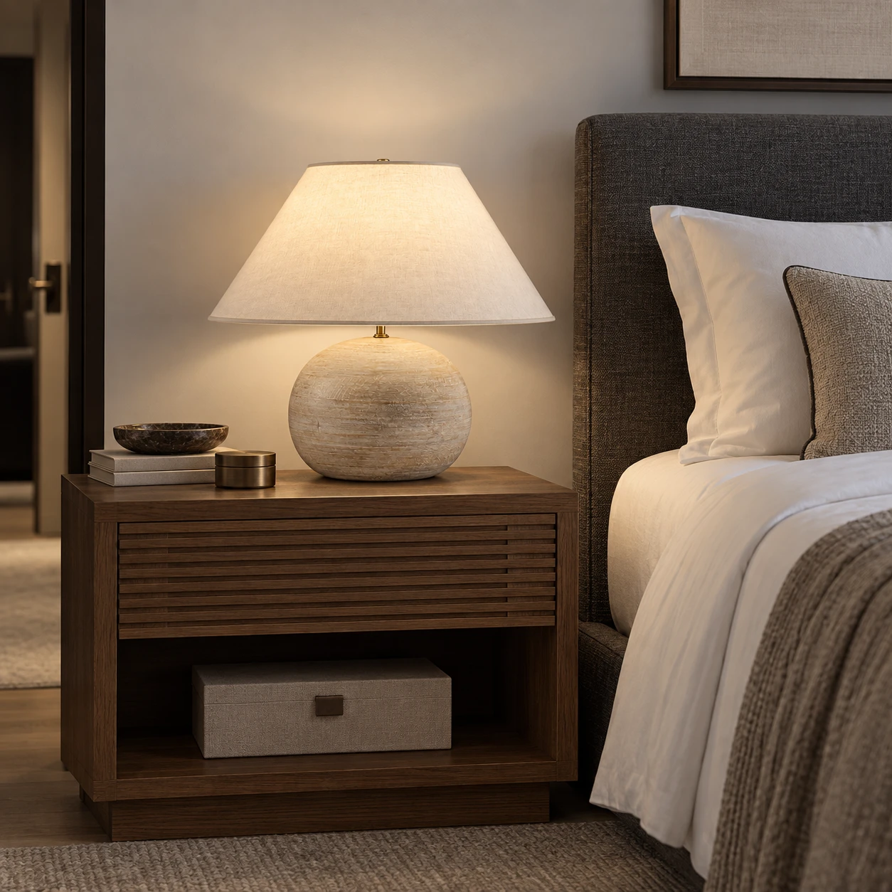 Boutique hotel bedside with the distressed wood table lamp