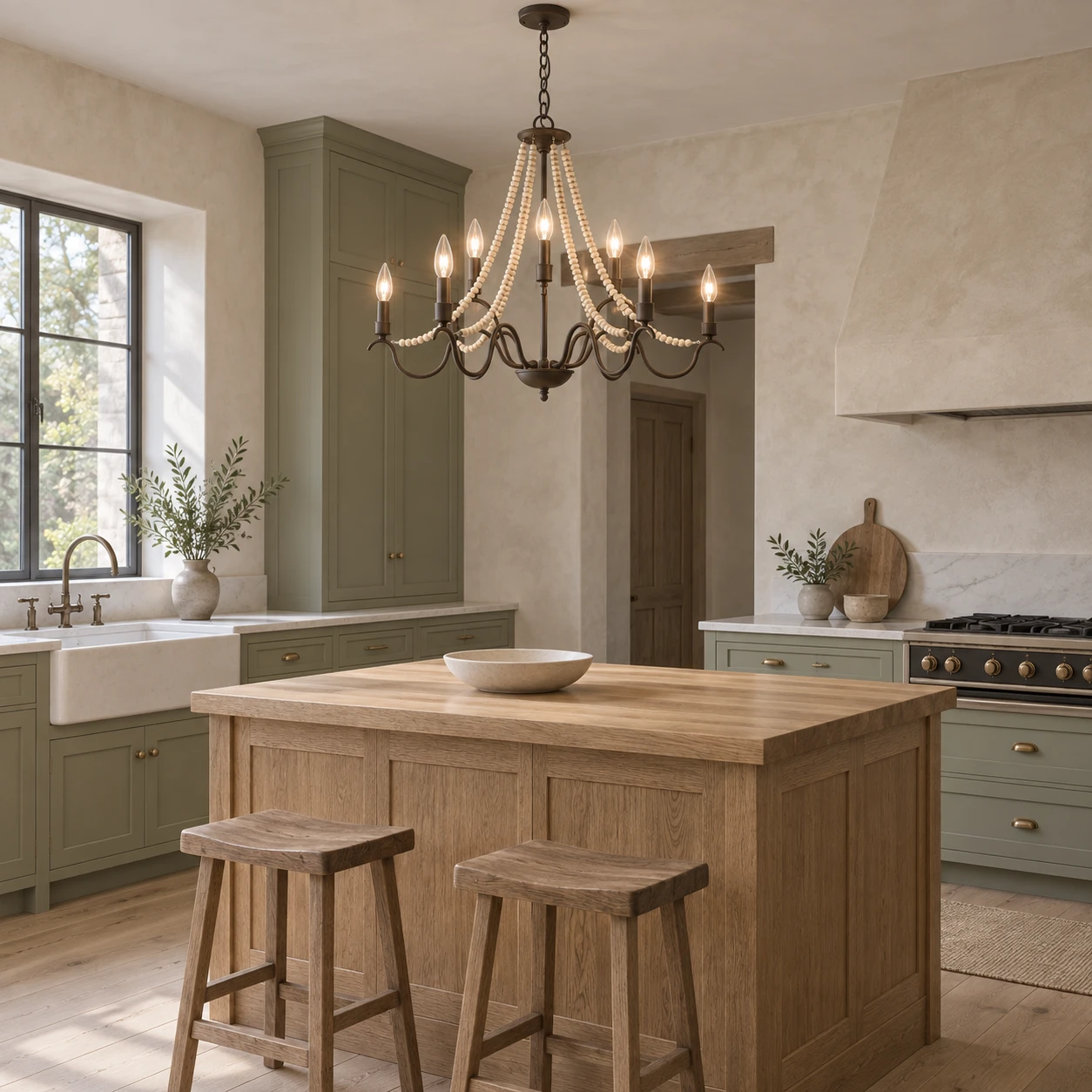 French vintage wood bead chandelier above a kitchen island