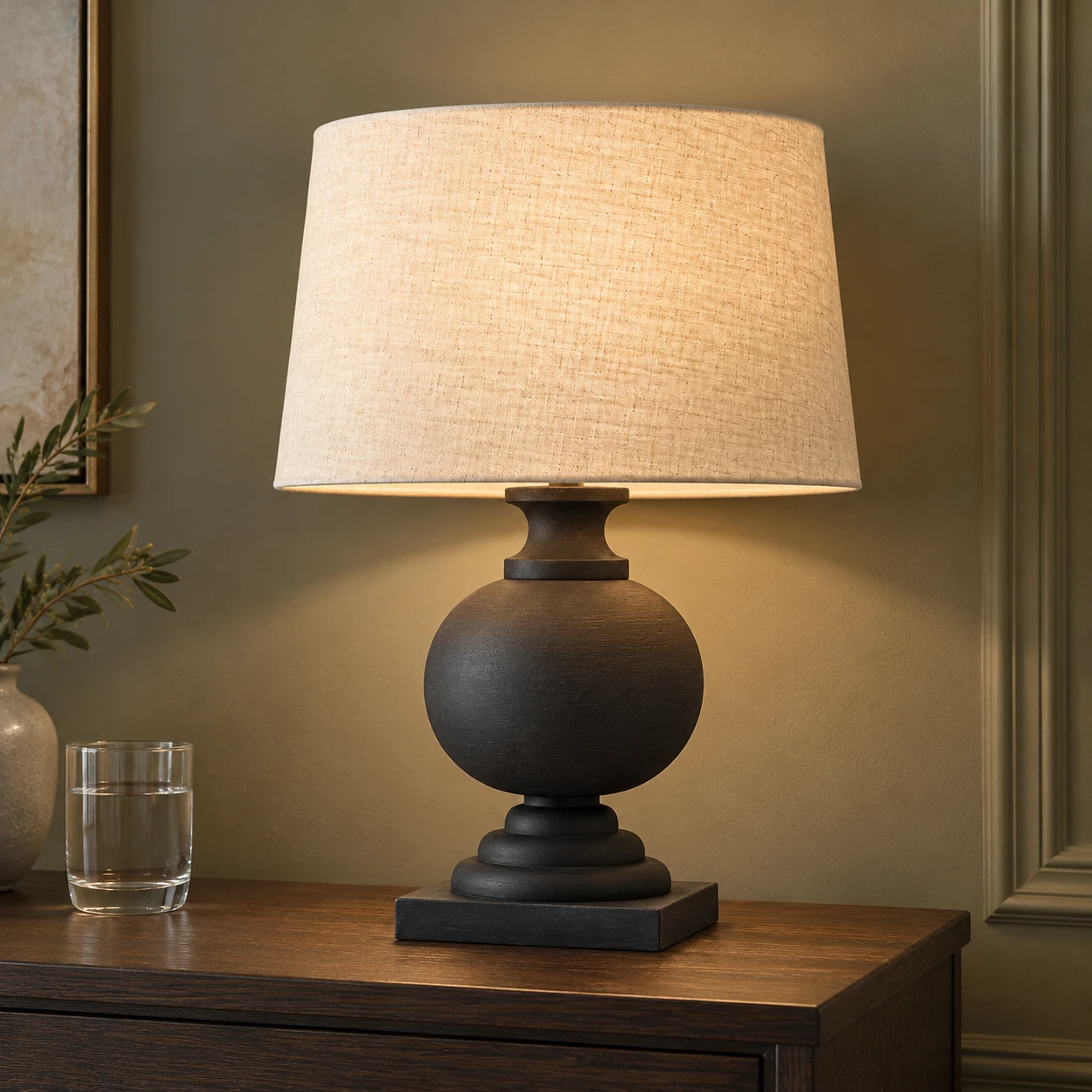 Mara Rustic Turned Wood Table Lamp — 03 hero black bedside