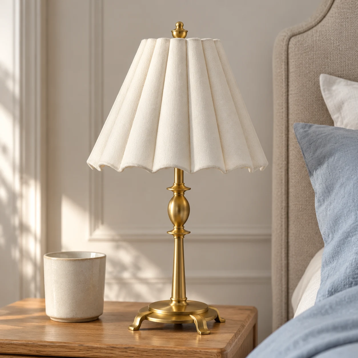 Pleated shade and brass-tone structure detail